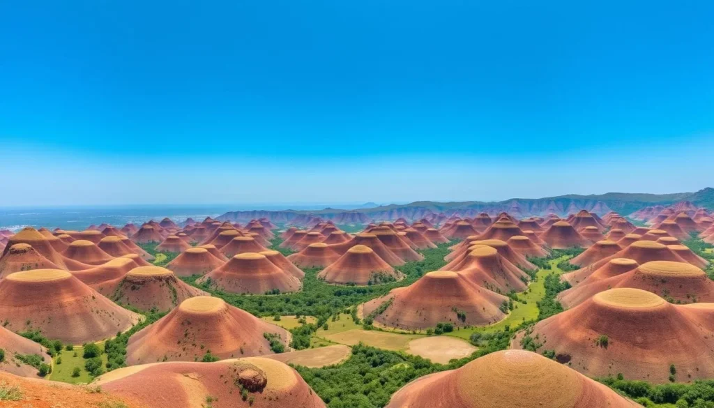 The famous Chocolate Hills of Bohol, Philippines with dozens of symmetrical hills stretching to the horizon The famous Chocolate Hills of Bohol, Philippines with dozens of symmetrical hills stretching to the horizon