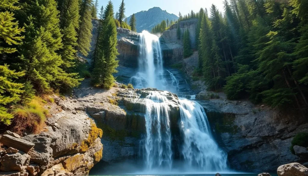 The famous Kumrat Waterfall cascading down a mountain face surrounded by lush green forest in Kumrat Valley, Pakistan