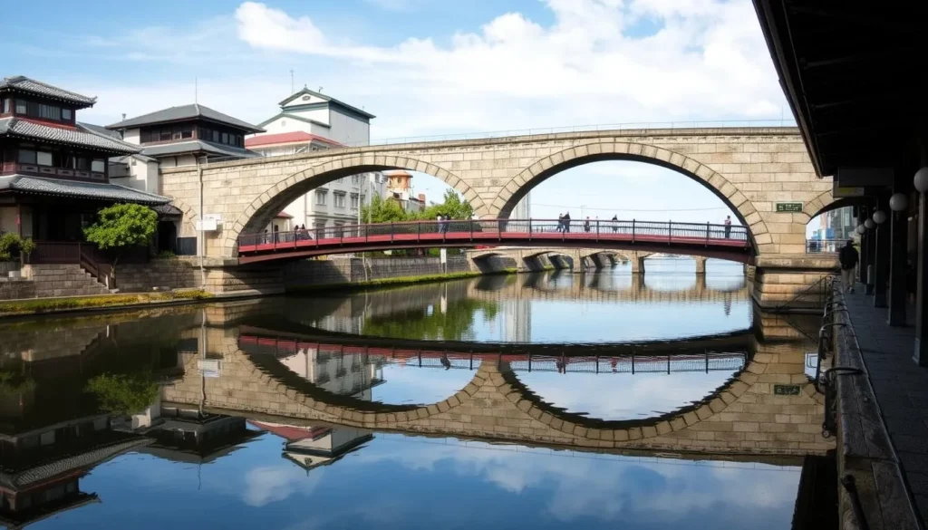 The famous Spectacles Bridge (Meganebashi) with its double arches reflected in the water in Nagasaki