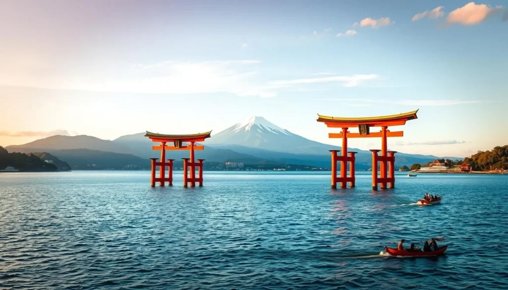 The famous floating torii gate of Itsukushima Shrine at high tide with Mount Misen in the background The famous floating torii gate of Itsukushima Shrine at high tide with Mount Misen in the background