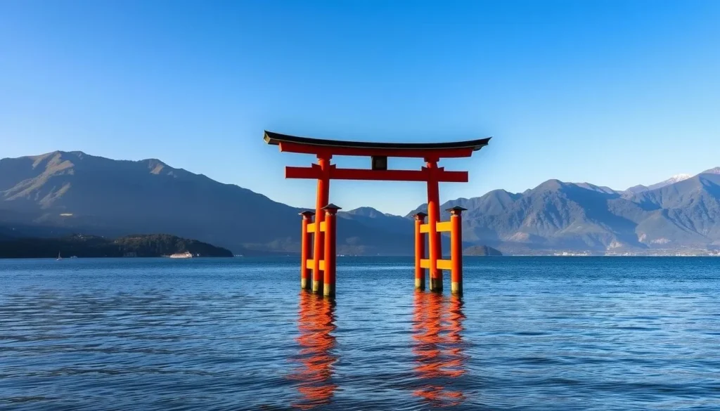 The famous red torii gate of Hakone Shrine standing in Lake Ashi with mountains in the background