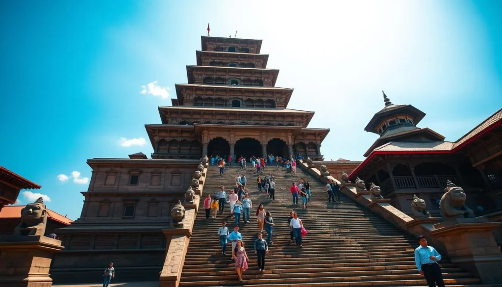 The five-story Nyatapola Temple in Taumadhi Square with its impressive staircase guarded by stone statues
