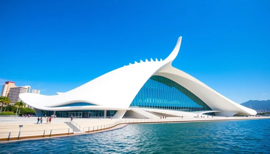 The futuristic Museum of Tomorrow in Rio de Janeiro with its distinctive architecture along the waterfront