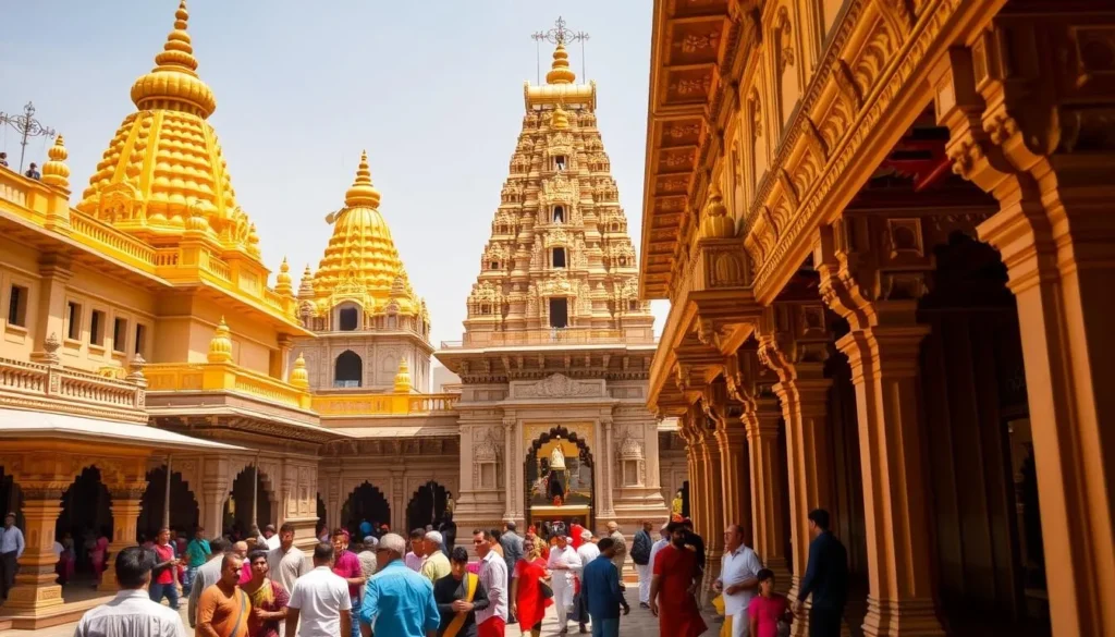 The golden spires of Kashi Vishwanath Temple complex with intricate architectural details and devotees gathered in the courtyard