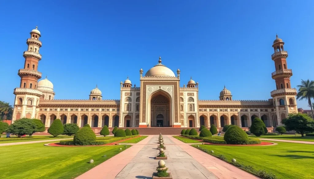 The grand architecture of Bara Imambara in Lucknow showing the massive arched entrance and detailed Islamic architecture