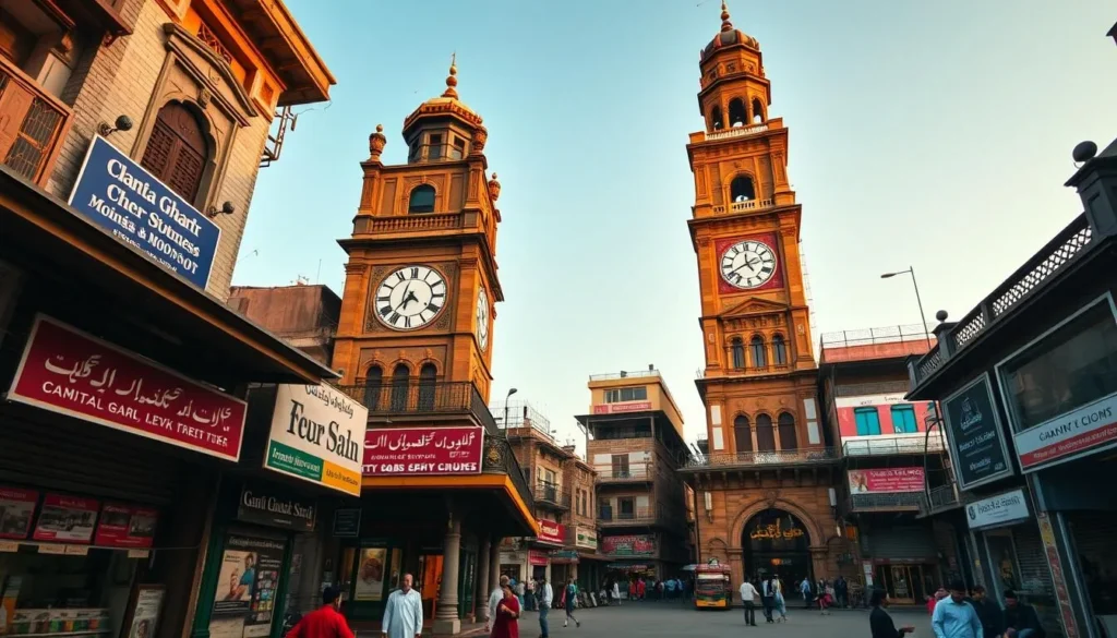 The historic Clock Tower (Ghanta Ghar) in Faisalabad with its distinctive architecture and surrounding bazaars