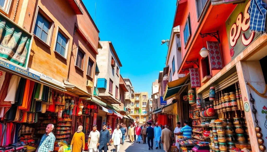 The historic Raja Bazaar in Rawalpindi Pakistan with colorful shops and bustling crowds