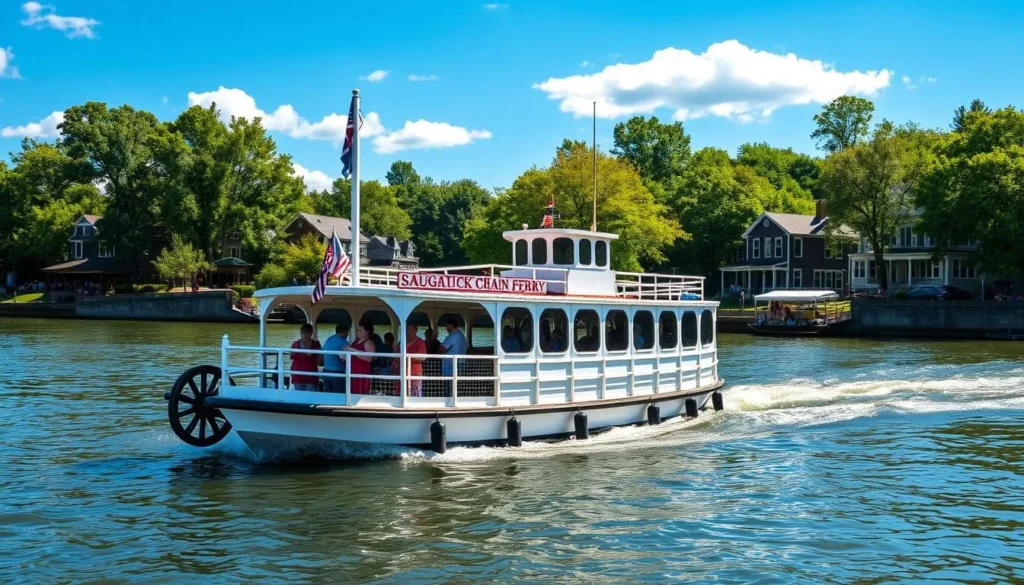 The historic Saugatuck Chain Ferry crossing the Kalamazoo River with passengers on board The historic Saugatuck Chain Ferry crossing the Kalamazoo River with passengers on board