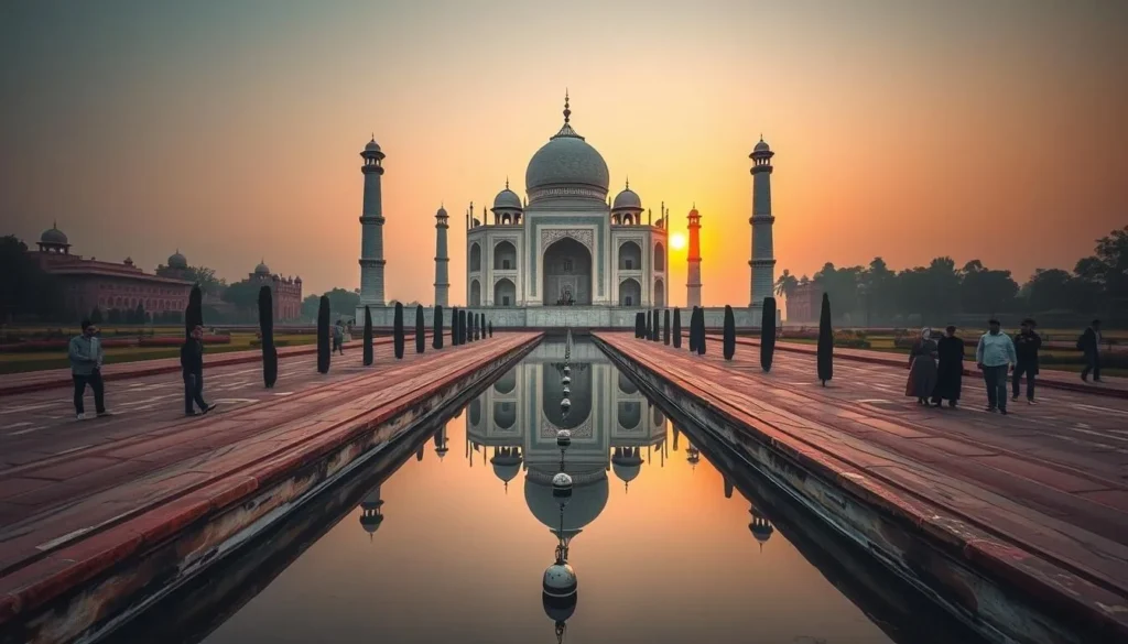 The iconic Taj Mahal in Agra at sunrise with few tourists The iconic Taj Mahal in Agra at sunrise with few tourists
