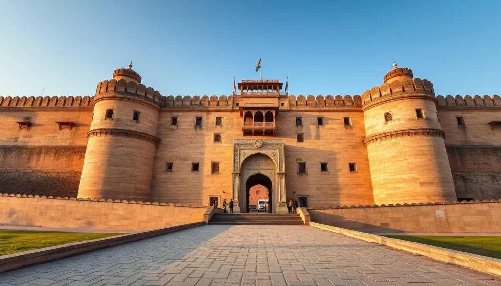The imposing Lohagarh Fort in Bharatpur, Rajasthan with its massive stone walls and entrance The imposing Lohagarh Fort in Bharatpur, Rajasthan with its massive stone walls and entrance
