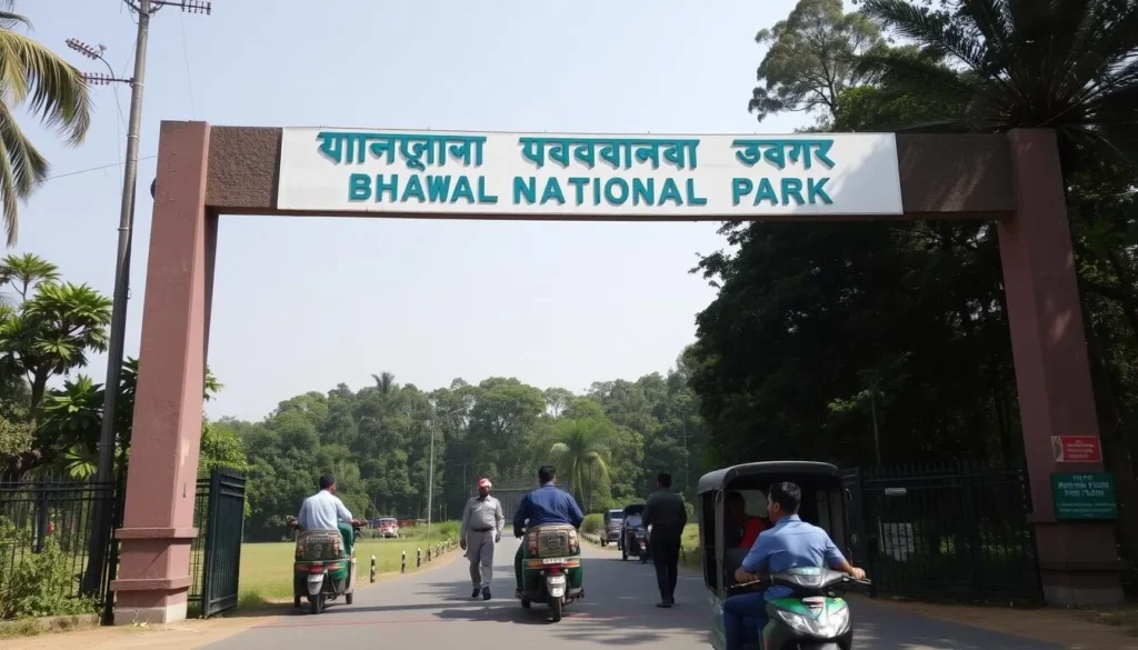 The main entrance gate to Bhawal National Park with signage and visitors arriving