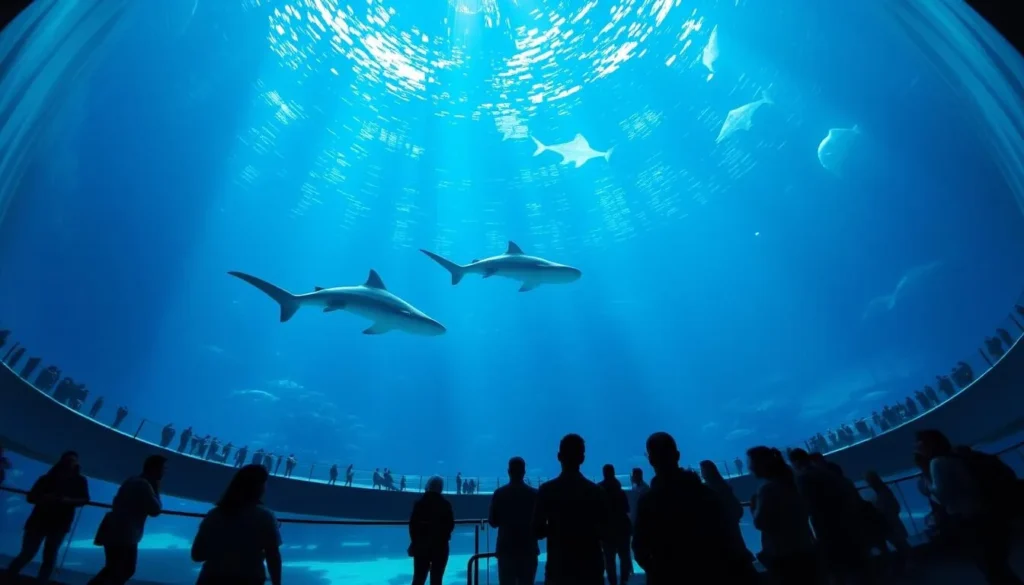 The massive central tank at Osaka Aquarium Kaiyukan featuring whale sharks and manta rays with visitors watching in awe