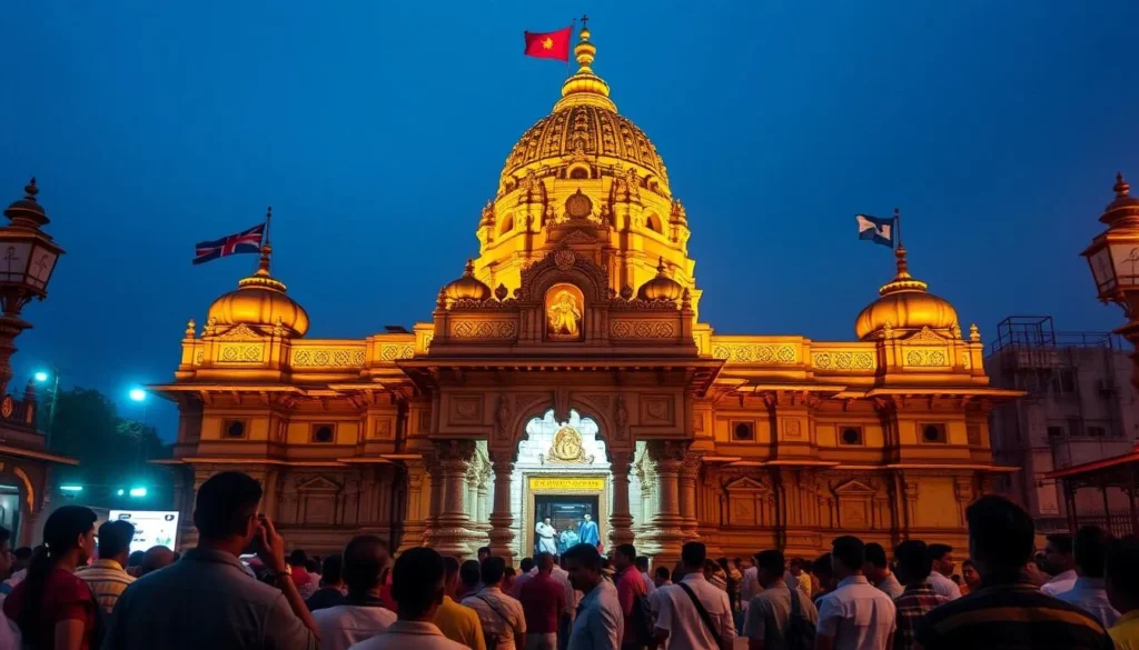 The ornate Siddhivinayak Temple illuminated in the evening with devotees gathered for prayers