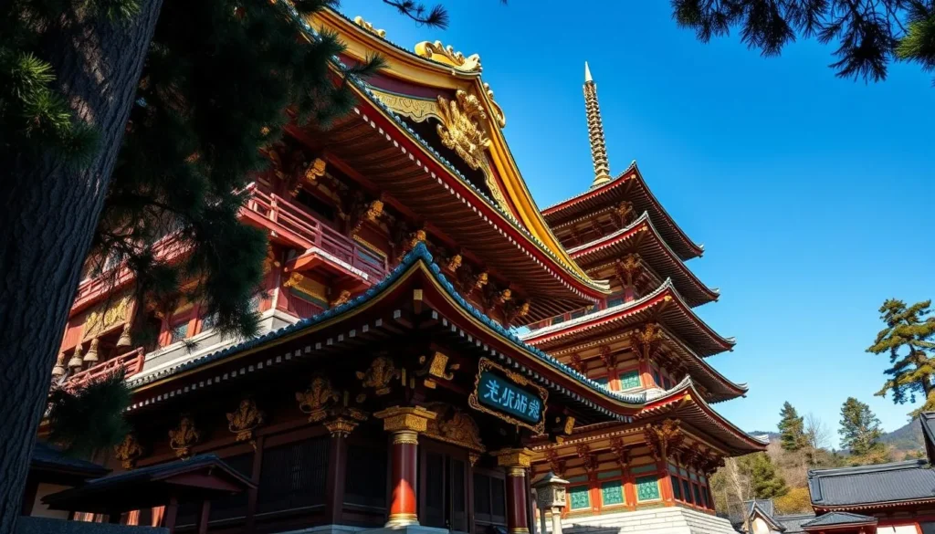The ornate Toshogu Shrine in Nikko with its gold-leafed details and intricate carvings The ornate Toshogu Shrine in Nikko with its gold-leafed details and intricate carvings