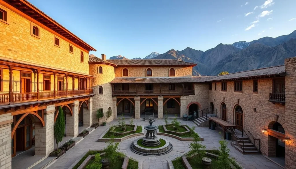 The restored Shigar Fort with traditional architecture and mountain backdrop