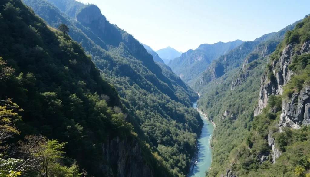 The scenic Iya Valley with its steep forested mountains and the Iya River flowing below The scenic Iya Valley with its steep forested mountains and the Iya River flowing below