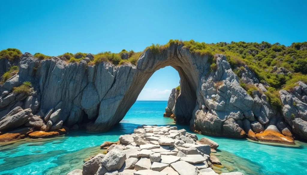 The stone bridge connecting two parts of Sambawan Island with turquoise waters on both sides