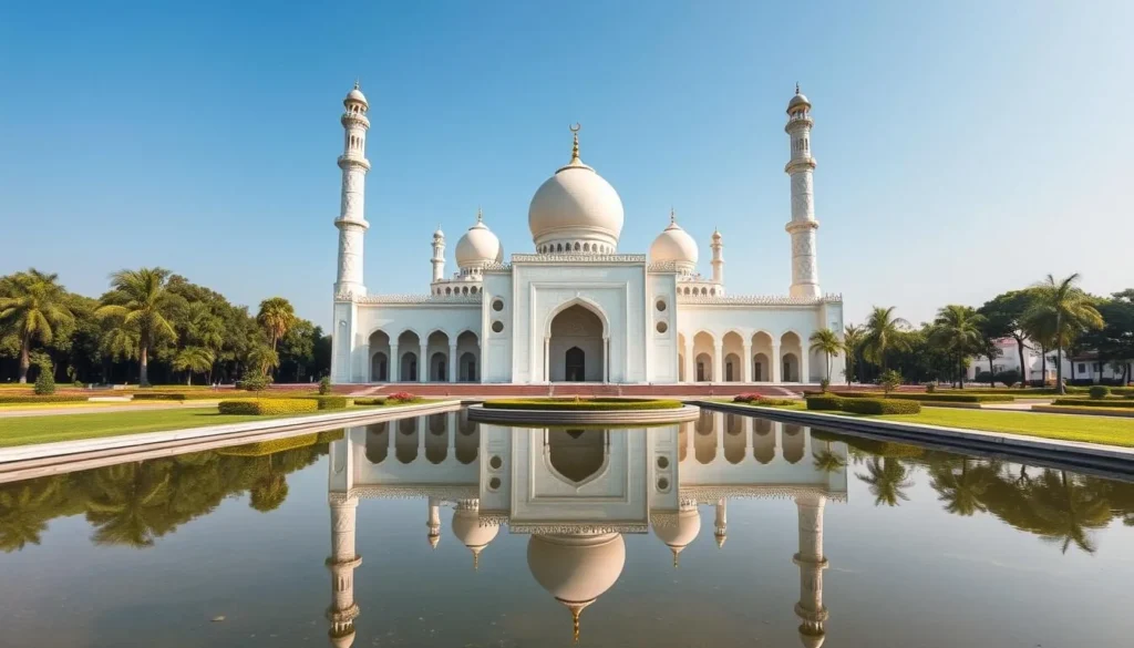 The stunning white architecture of Baitul Aman Jame Masjid with its reflection in the surrounding water