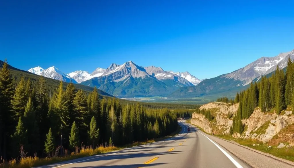 The sweeping expanse of the Alaska Highway winds through the rugged, snow-capped mountains of British Columbia, offering a breathtaking journey. In the foreground, a well-maintained road leads travelers through lush, verdant forests, with sunlight filtering through the canopy. In the middle ground, majestic peaks rise into the clear, azure sky, their slopes dotted with patches of snow. The background is dominated by a vast, unspoiled wilderness, where wildlife roams freely. The scene exudes a sense of adventure and tranquility, inviting the viewer to embark on an unforgettable exploration of this iconic Canadian route.