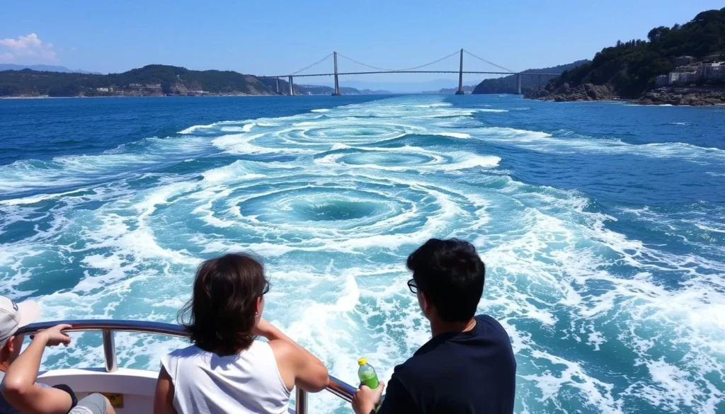 The swirling Naruto Whirlpools viewed from a sightseeing boat with tourists watching in awe The swirling Naruto Whirlpools viewed from a sightseeing boat with tourists watching in awe