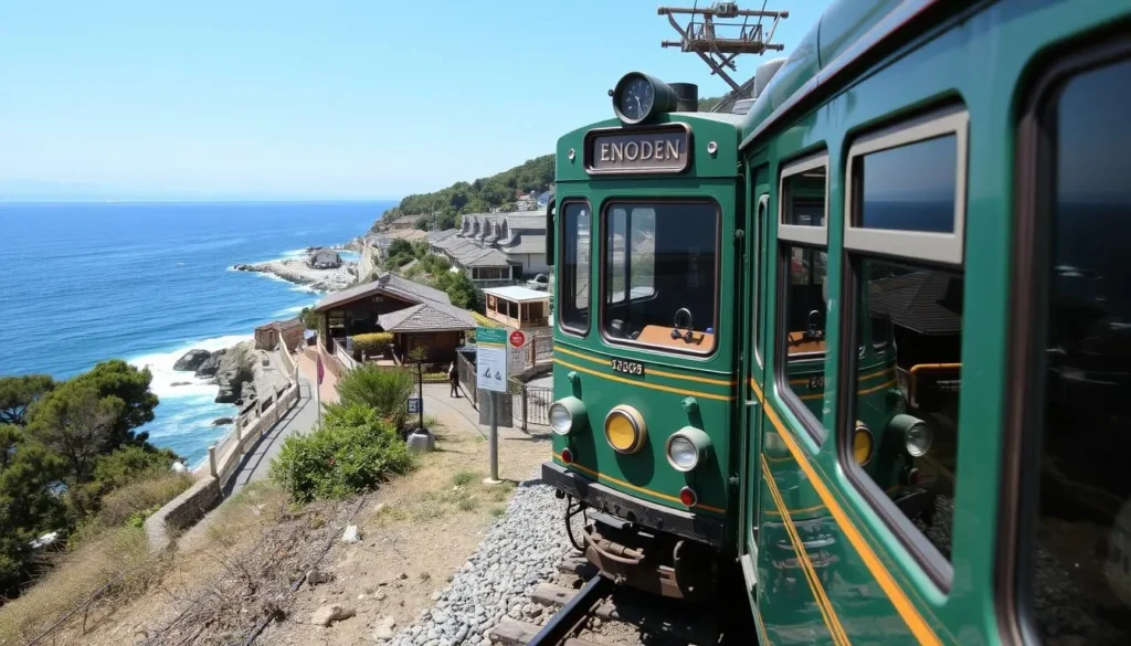 The vintage Enoden train traveling along the scenic coastline of Kamakura with ocean views The vintage Enoden train traveling along the scenic coastline of Kamakura with ocean views