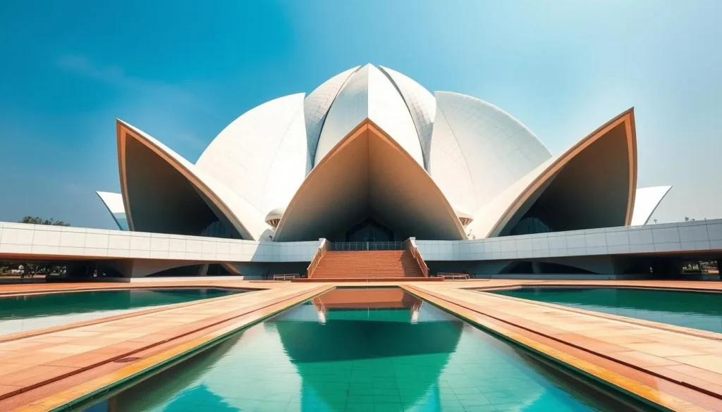The white marble Lotus Temple with its distinctive petal design reflected in surrounding pools The white marble Lotus Temple with its distinctive petal design reflected in surrounding pools