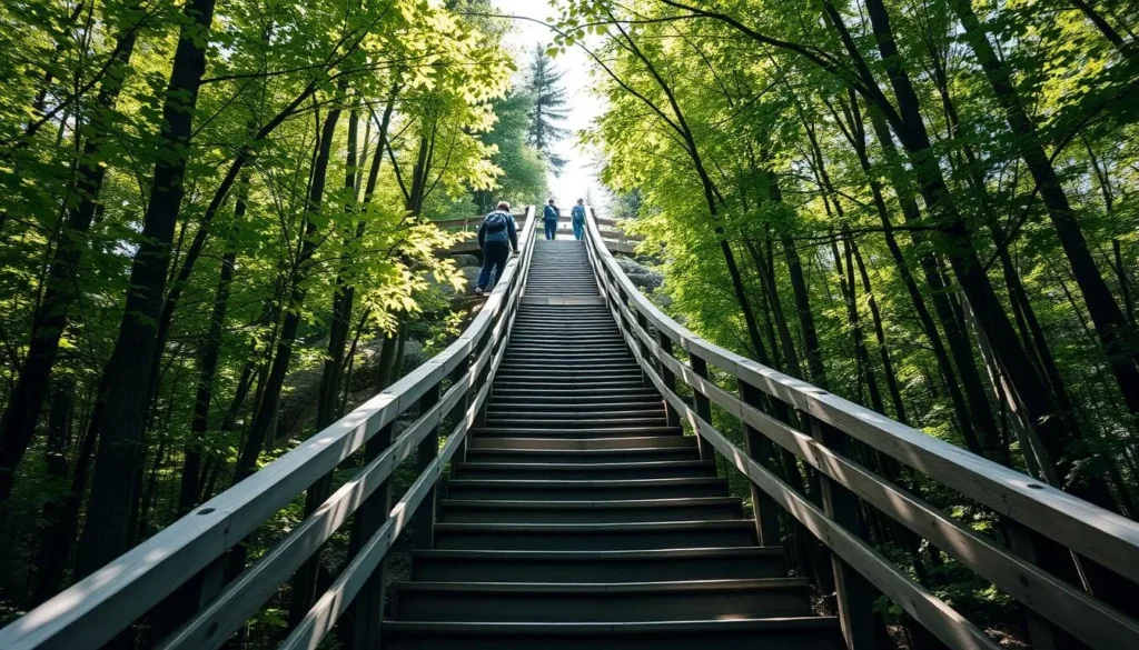 The wooden staircase climbing Mount Baldhead in Saugatuck with trees on both sides The wooden staircase climbing Mount Baldhead in Saugatuck with trees on both sides
