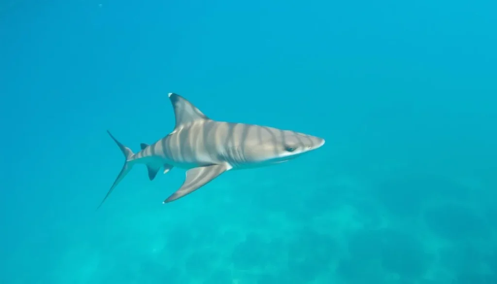 Thresher shark swimming in the clear blue waters near Malapascua Island, showing its distinctive long tail fin Thresher shark swimming in the clear blue waters near Malapascua Island, showing its distinctive long tail fin