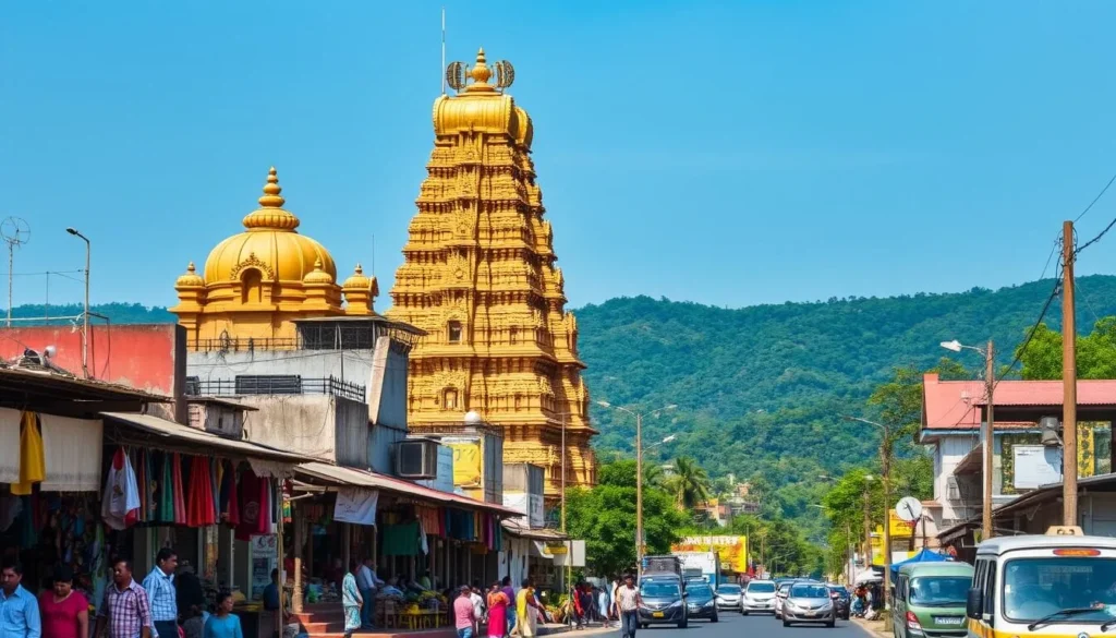 Tirunelveli Travel Information: A vibrant city in Tamil Nadu, India, showcased in a crisp, detailed photograph. The foreground features bustling streets lined with local shops, street vendors, and colorful textiles. The middle ground presents iconic landmarks like the Nellaiappar Temple, its intricate architecture bathed in warm, golden light. In the background, lush green hills and a clear blue sky create a serene, picturesque setting. The image captures the energy, cultural richness, and natural beauty that make Tirunelveli a captivating travel destination. Realistic, well-lit, and meticulously composed, this photograph offers a comprehensive visual representation of the city's practical travel information.