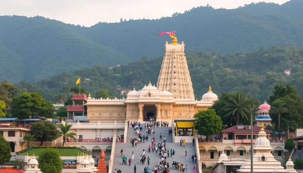 Tirupati Temple, a magnificent architectural marvel nestled in the Seshachalam Hills of Andhra Pradesh, India. Capture the grand, ornate facade in the foreground, with its towering gopuram (gateway) and intricate carvings illuminated by warm, golden sunlight. In the middle ground, depict the bustling pilgrimage site, with devotees ascending the steps towards the temple's inner sanctum. Showcase the lush, verdant surroundings in the background, creating a serene and tranquil atmosphere that invites visitors to immerse themselves in the spiritual essence of this sacred place.