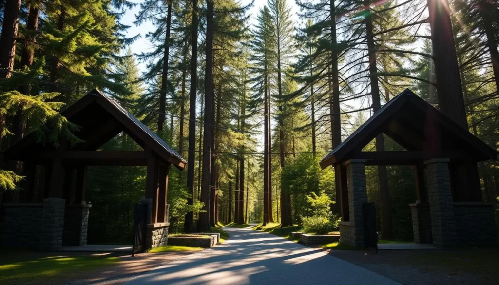 Tiveden National Park Entrances: Three majestic gateways into a lush, forested wonderland. Capture the tranquil ambiance with dappled sunlight filtering through towering pines, casting a warm glow on the well-maintained trails leading into the heart of this Swedish gem. Showcase the distinct architectural styles of the entrances, each with their own charm - from the rustic timber and stone archways to the modern, minimalist design elements. Convey a sense of adventure and exploration, inviting the viewer to step through and discover the park's hidden treasures. Maintain a natural, documentary-style aesthetic without any distracting elements, allowing the beauty of the entrances to shine.