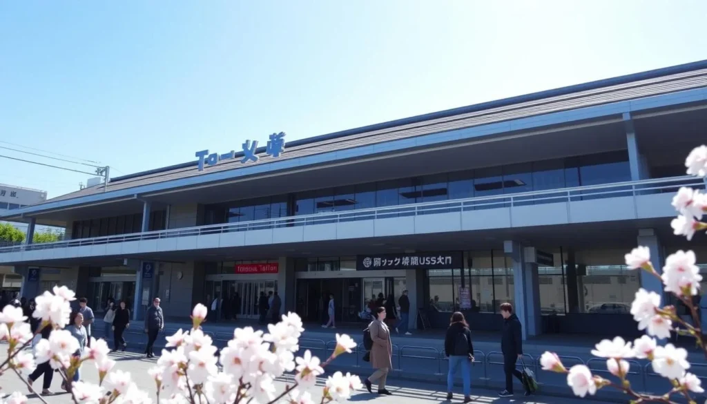 Tokushima Station exterior with travelers arriving and departing on a sunny day Tokushima Station exterior with travelers arriving and departing on a sunny day