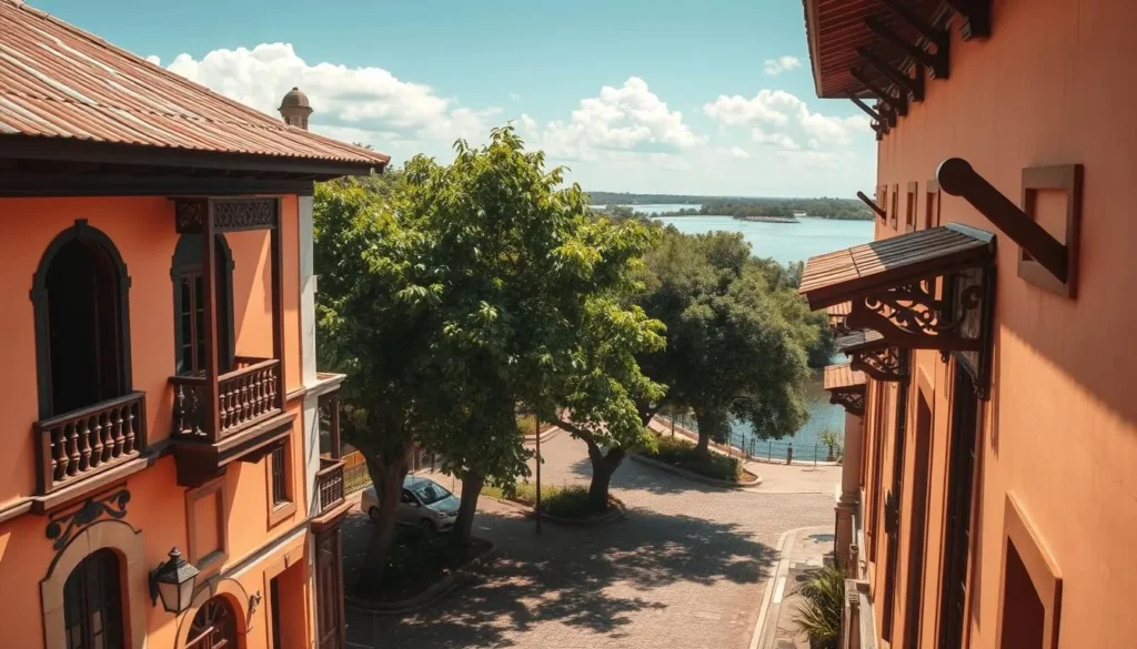 Totness colonial architecture, a picturesque scene on a sunny day. In the foreground, well-preserved historical buildings with intricate wooden facades and balconies, painted in warm hues. Narrow cobblestone streets wind through the middle ground, lined with lush tropical foliage and shady trees. In the background, the serene Suriname River flows, reflecting the tranquil atmosphere. Soft natural lighting casts gentle shadows, highlighting the architectural details. The composition captures the timeless charm and rich heritage of this colonial town, inviting the viewer to step back in time and explore its cultural treasures.