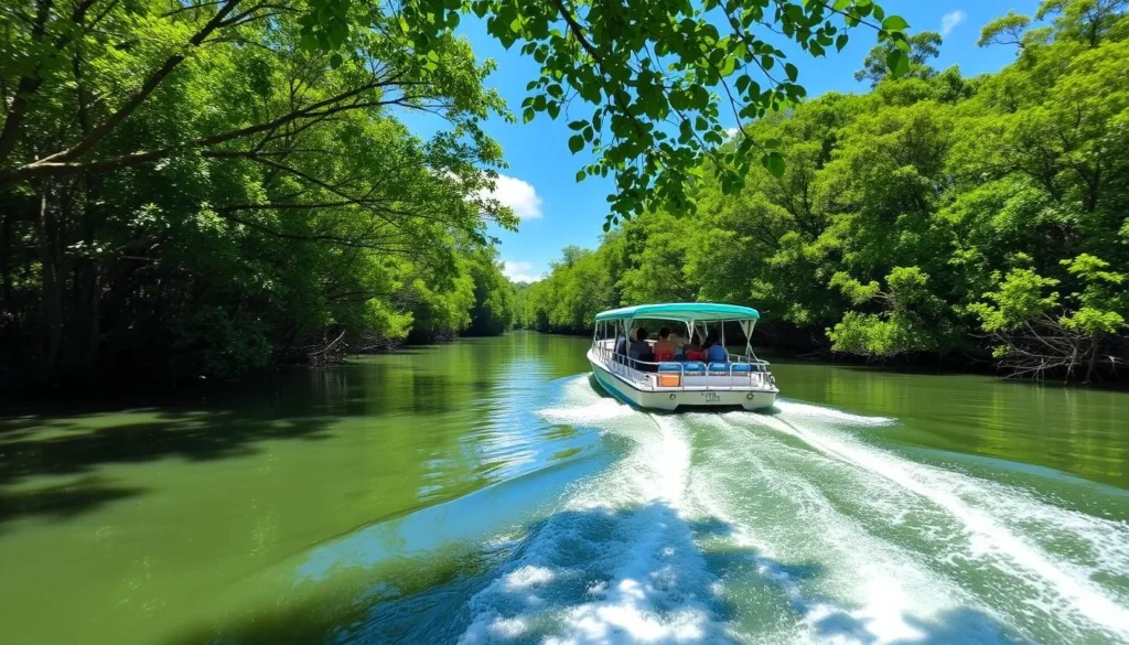 Tourist boat cruising through Urauchi River's mangrove forest