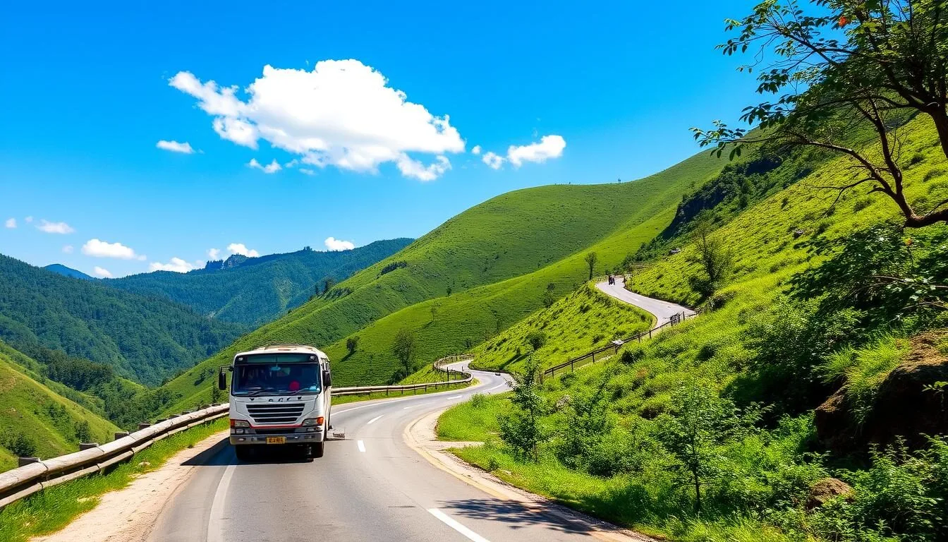 Tourist bus traveling to Chitwan National Park, Nepal through scenic mountain roads