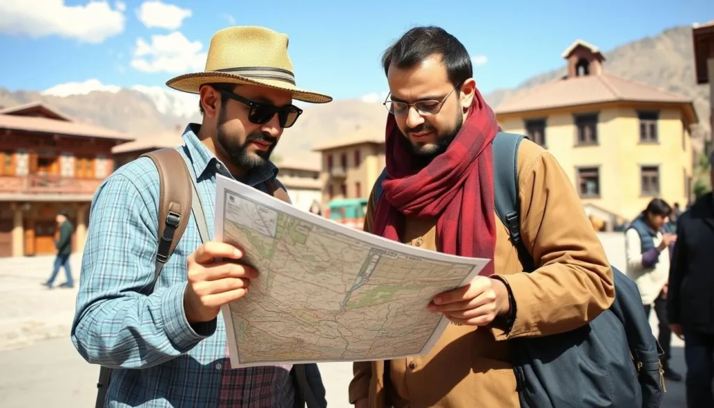 Tourist checking a map with a local guide in Gilgit town