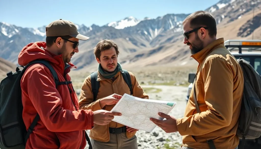 Tourist checking a map with a local guide in Kumrat Valley, Pakistan with mountains in the background