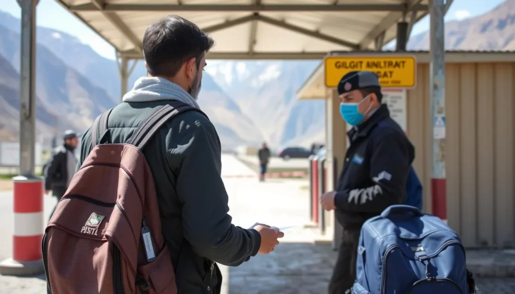 Tourist checking in at a checkpoint in Gilgit-Baltistan with mountains in background Tourist checking in at a checkpoint in Gilgit-Baltistan with mountains in background