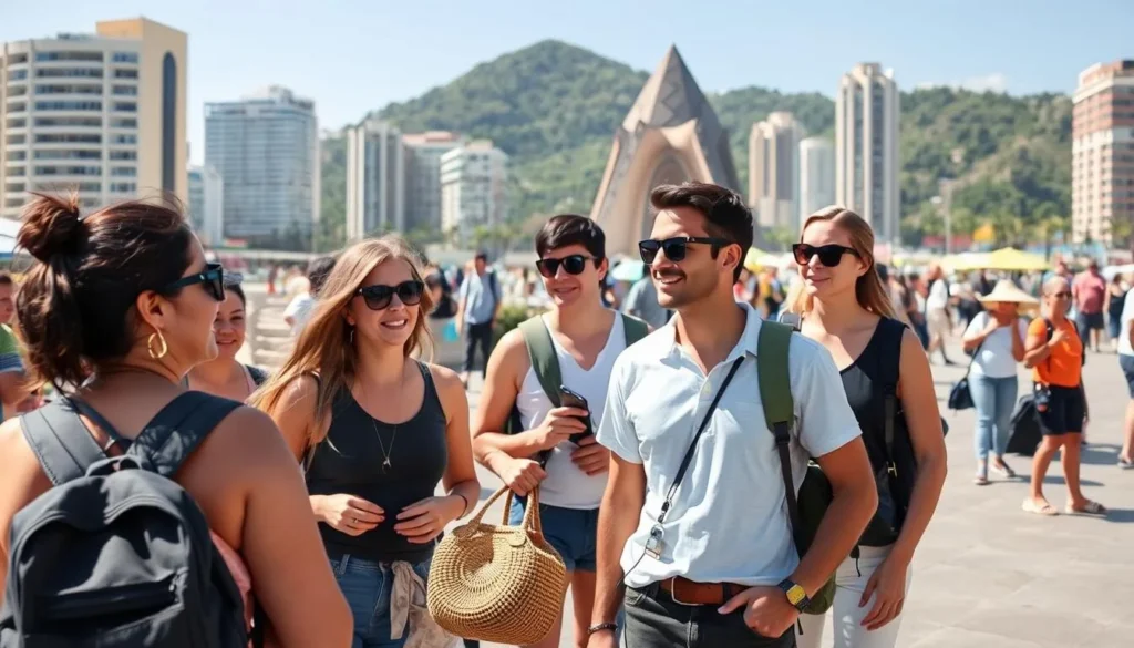 Tourist enjoying Rio safely with a local guide in a popular area during daytime