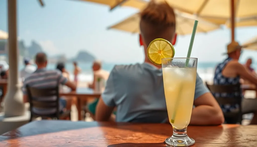 Tourist enjoying a caipirinha at a beachside cafe in Rio with ocean view