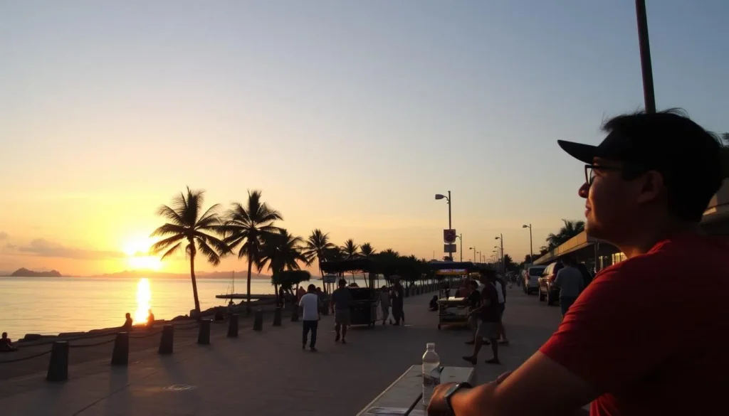 Tourist enjoying sunset at Rizal Boulevard with food vendors and sea view