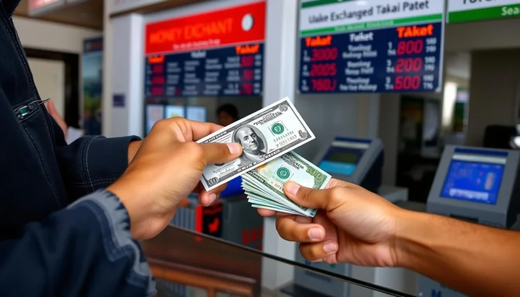 Tourist exchanging currency at a money exchange counter in Cox's Bazar