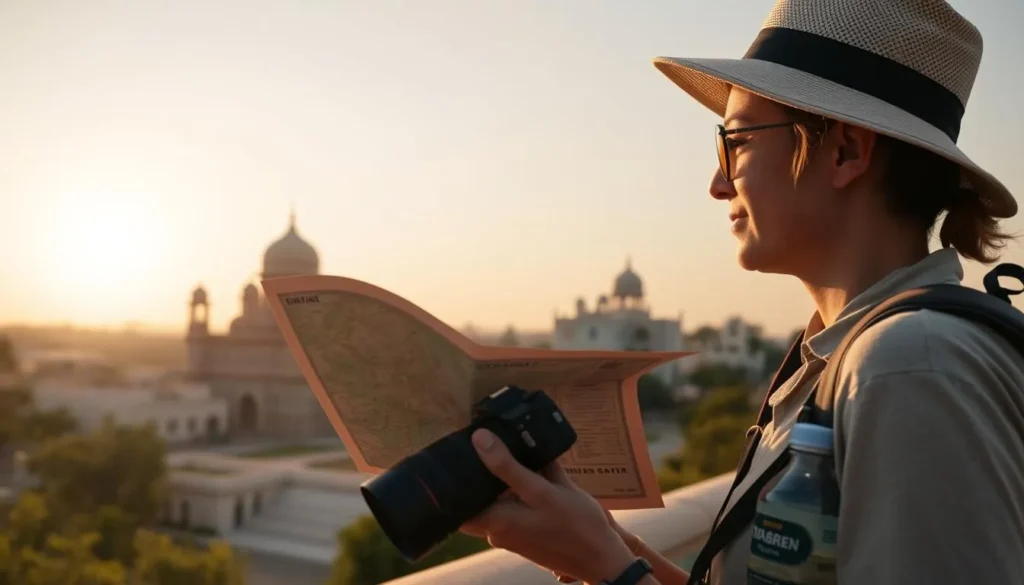 Tourist exploring Bharatpur with map and camera during golden hour Tourist exploring Bharatpur with map and camera during golden hour