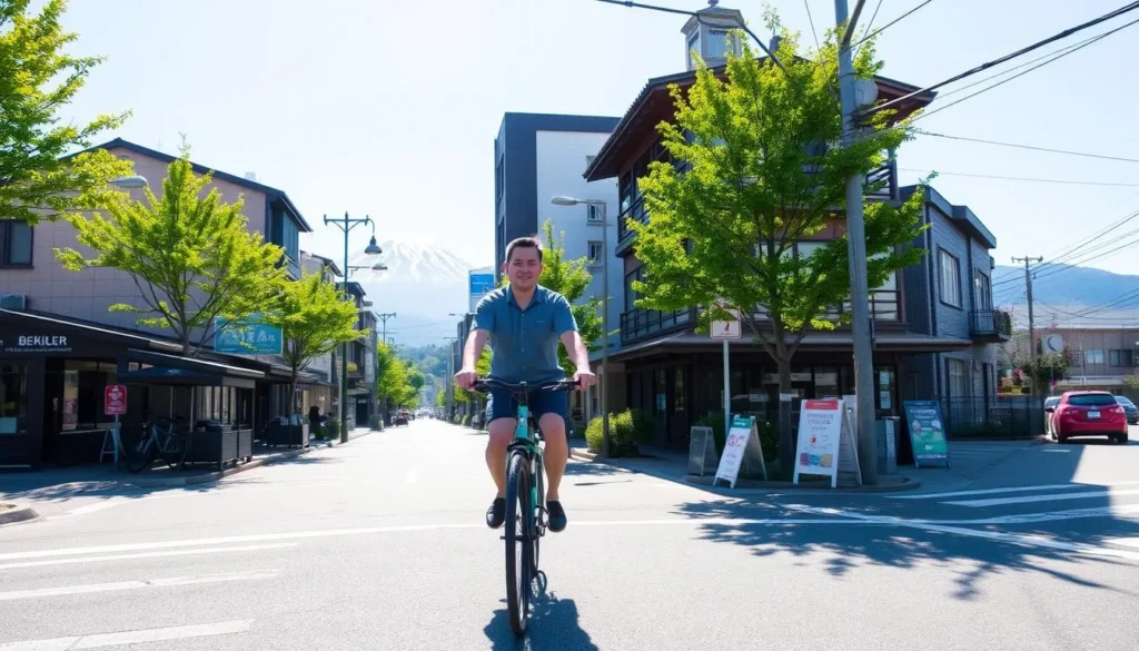 Tourist exploring Tokushima City by bicycle on a sunny day with Mt. Bizan in the background Tourist exploring Tokushima City by bicycle on a sunny day with Mt. Bizan in the background