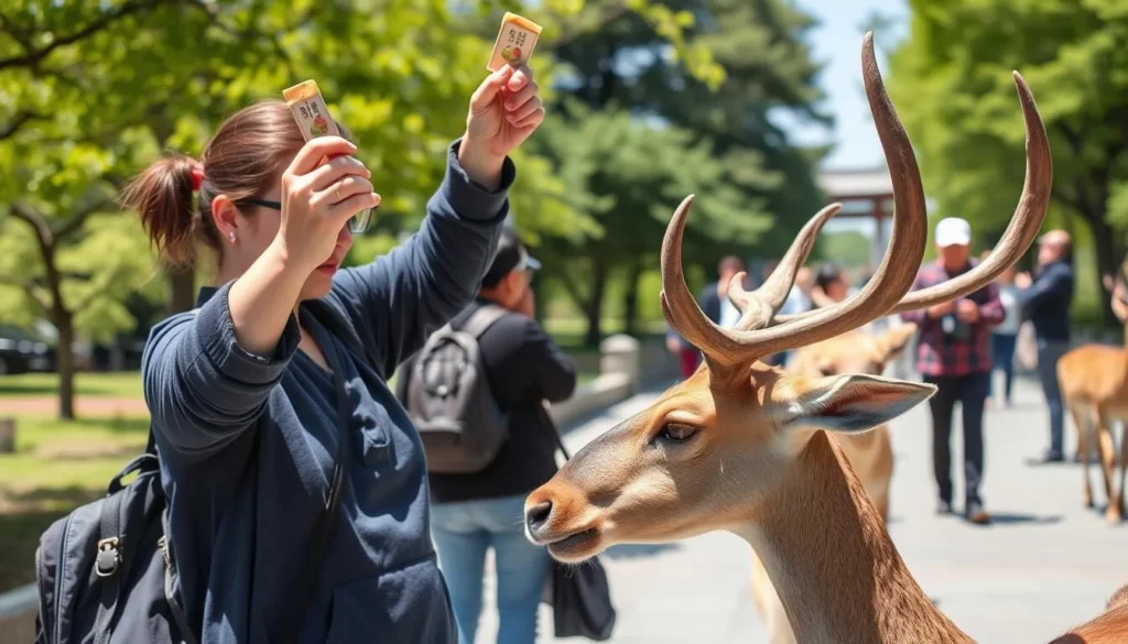 Tourist feeding deer in Nara Park with proper etiquette Tourist feeding deer in Nara Park with proper etiquette