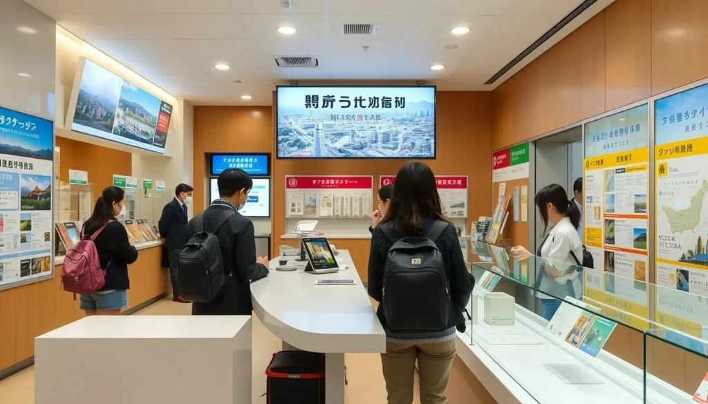 Tourist information center in Hiroshima with staff helping visitors Tourist information center in Hiroshima with staff helping visitors