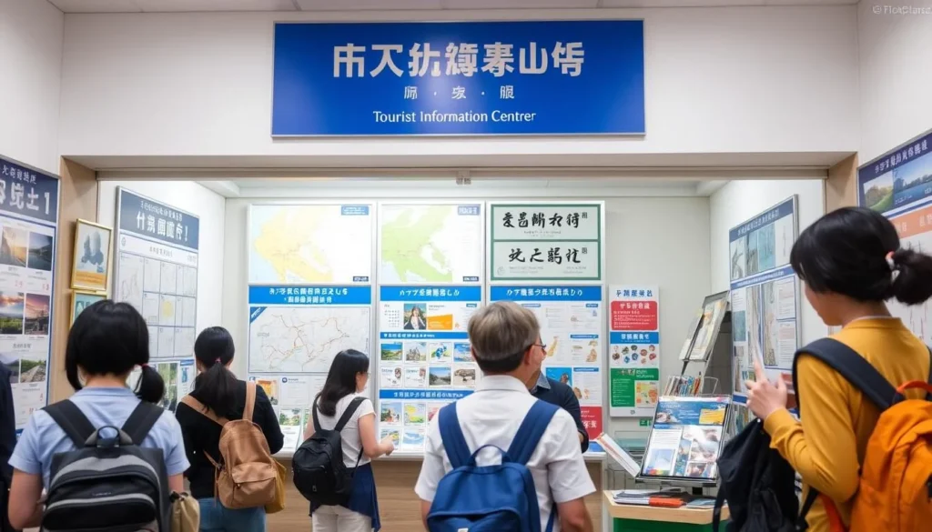 Tourist information center in Nagasaki with helpful staff assisting visitors