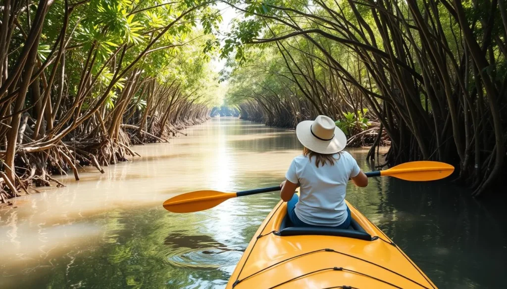 Tourist kayaking through mangroves in Bohol with lush greenery Tourist kayaking through mangroves in Bohol with lush greenery