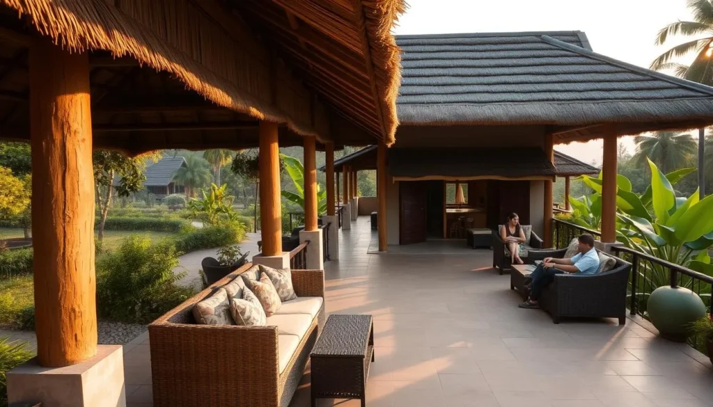 Tourist lodge near Bardiya National Park with traditional architecture