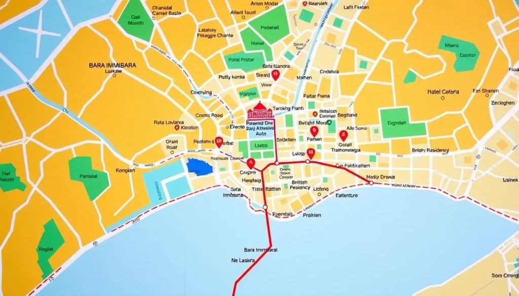 Tourist map of Lucknow highlighting major attractions, transportation hubs, and neighborhoods